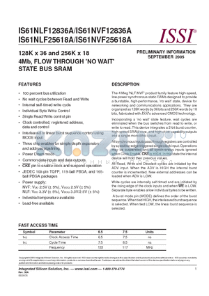 IS61NLF25618A-6.5B3 datasheet - 128K x 36 and 256K x 18 4Mb, FLOW THROUGH (NO WAIT) STATE BUS SRAM