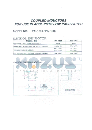 PAI-1801 datasheet - COUPLED INDUCTORS FOR USE IN ADSL POTS LOW PASS FILTER