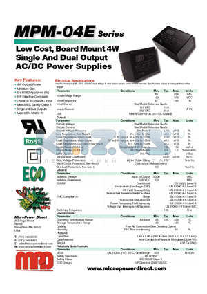 MPM-04D-15E datasheet - Low Cost, Board Mount 4W Single And Dual Output AC/DC Power Supplies
