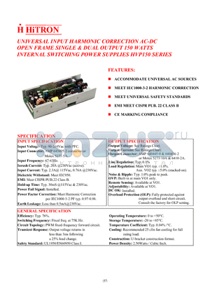 HVP150 datasheet - UNIVERSAL INPUT HARMONIC CORRECTION AC-DC OPEN FRAME SINGLE & DUAL OUTPUT 150 WATTS INTERNAL SWITCHING POWER SUPPLIES