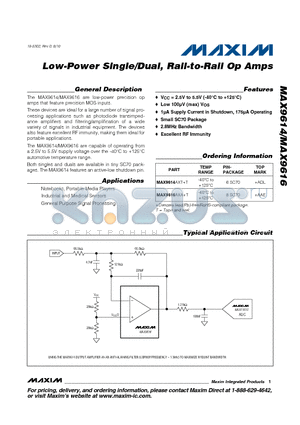 MAX9616 datasheet - Low-Power Single/Dual, Rail-to-Rail Op Amps