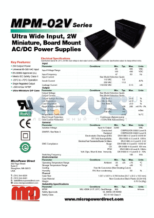 MPM-02SV-12 datasheet - Ultra Wide Input, 2W Miniature, Board Mount AC/DC Power Supplies