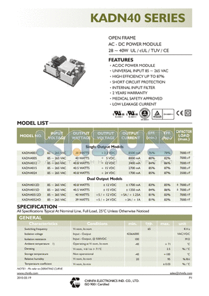 KADN40512D datasheet - OPEN FRAME AC - DC POWER MODULE 28 ~ 40W UL / cUL / TUV / CE