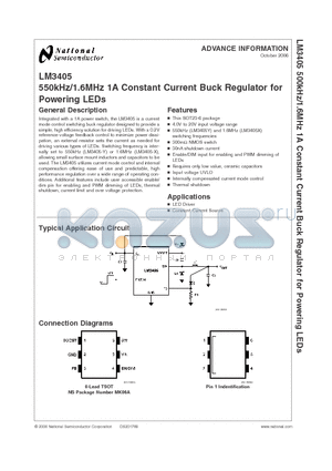 LM3405 datasheet - 550kHz/1.6MHz 1A Constant Current Buck Regulator for Powering LEDs