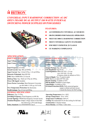 HVP180-22 datasheet - UNIVERSAL INPUT HARMONIC CORRECTION AC-DC OPEN FRAME DUAL OUTPUT 180 WATTS INTERNAL SWITCHING POWER SUPPLIES