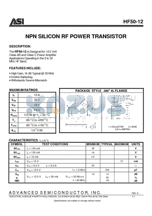 HF50-12 datasheet - NPN SILICON RF POWER TRANSISTOR