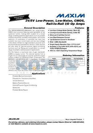 MAX9636AXT+ datasheet - 3V/5V Low-Power, Low-Noise, CMOS, Rail-to-Rail I/O Op Amps