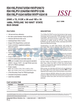 IS61NLP102418-250TQI datasheet - 256K x 72, 512K x 36 and 1M x 18 18Mb, PIPELINE (NO WAIT) STATE BUS SRAM