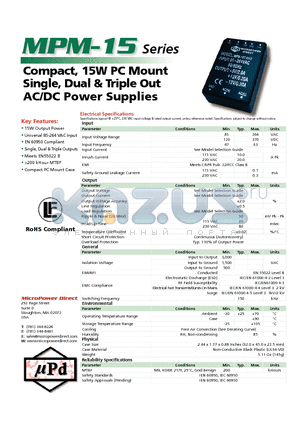 MPM-15 datasheet - Compact, 15W PC Mount Single, Dual & Triple Out AC/DC Power Supplies