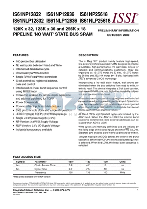 IS61NLP12832 datasheet - PIPELINE NO WAIT STATE BUS SRAM