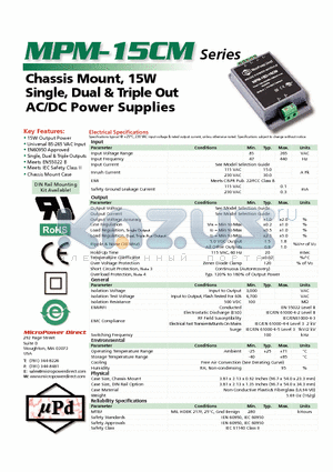 MPM-15CM datasheet - Chassis Mount, 15W Single, Dual & Triple Out AC/DC Power Supplies
