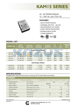 KAM1503_10 datasheet - AC - DC POWER MODULE 13 ~ 15W UL / cUL / TUV / CE