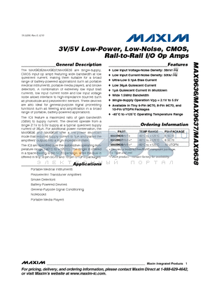 MAX9637AXA+ datasheet - 3V/5V Low-Power, Low-Noise, CMOS, Rail-to-Rail I/O Op Amps