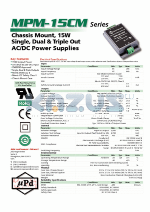 MPM-15D-12CM datasheet - Chassis Mount, 15W Single, Dual & Triple Out AC/DC Power Supplies