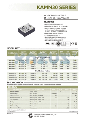 KAMN30512D datasheet - AC - DC POWER MODULE 20 ~ 30W UL / cUL / TUV / CE