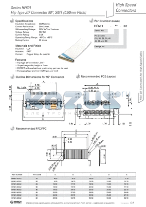 HF601-10-02 datasheet - Flip Type ZIF Connector 90`, SMT (0.50mm Pitch)