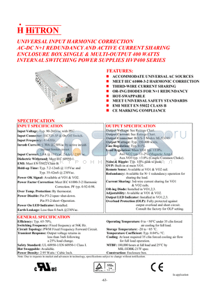 HVP400 datasheet - UNIVERSAL INPUT HARMONIC CORRECTION AC-DC N1 REDUNDANCY AND ACTIVE CURRENT SHARING ENCLOSURE BOX SINGLE & MULTI-OUTPUT 400 WATTS INTERNAL SWITCHING