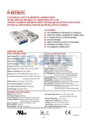 HVP351 datasheet - UNIVERSAL INPUT HARMONIC CORRECTION AC-DC HOT SWAPPABLE N1 REDUNDANCY AND ACTIVE CURRENT SHARING OPEN FRAME QUAD OUTPUT 350 WATTS INTERNAL SWITCHING