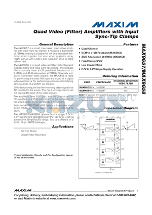 MAX9658AEE+ datasheet - Quad Video (Filter) Amplifiers with Input Sync-Tip Clamps