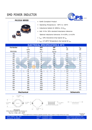 PX13316-223 datasheet - SMD POWER INDUCTOR