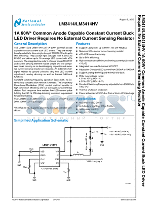 LM3414 datasheet - 1A 60W* Common Anode Capable Constant Current Buck LED Driver Requires No External Current Sensing Resistor