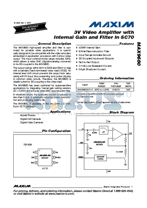 MAX9680 datasheet - 3V Video Amplifier with Internal Gain and Filter in SC70
