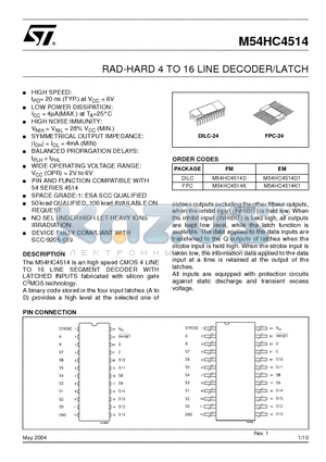 M54HC4514D1 datasheet - RAD-HARD 4 TO 16 LINE DECODER/LATCH