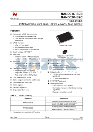 NAND01GW4B2BN6F datasheet - 1-Gbit, 2-Gbit, 2112-byte/1056-word page, 1.8 V/3 V, NAND flash memory