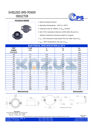 PX15022S-104 datasheet - SHIELDED SMD POWER INDUCTOR