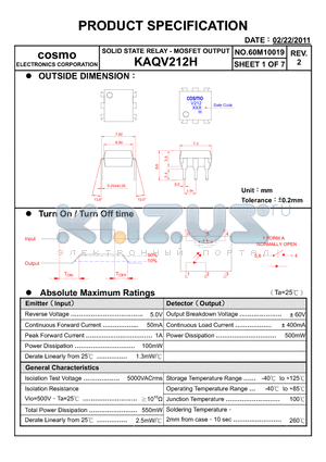 KAQV212H datasheet - SOLID STATE RELAY - MOSFET OUTPUT