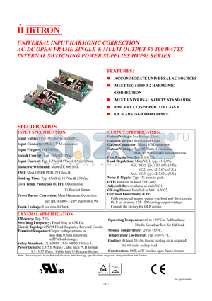 HVP93 datasheet - UNIVERSAL INPUT HARMONIC CORRECTION AC-DC OPEN FRAME SINGLE & MULTI-OUTPUT 50-100 WATTS INTERNAL SWITCHING POWER SUPPLIES