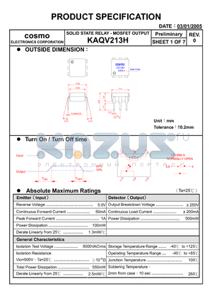 KAQV213H datasheet - SOLID STATE RELAY - MOSFET OUTPUT