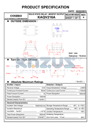 KAQV216A datasheet - PRODUCT SPECIFICATION