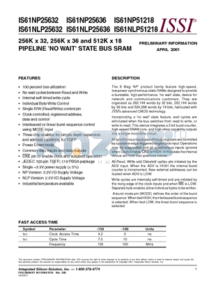 IS61NLP25632 datasheet - 256K x 32, 256K x 36 and 512K x 18 PIPELINE NO WAIT STATE BUS SRAM