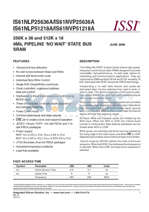 IS61NLP25636A-200B3 datasheet - 256K x 36 and 512K x 18 9Mb, PIPELINE (NO WAIT) STATE BUS SRAM