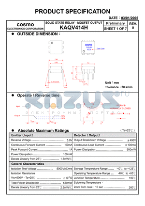 KAQV414H datasheet - SOLID STATE RELAY - MOSFET OUTPUT