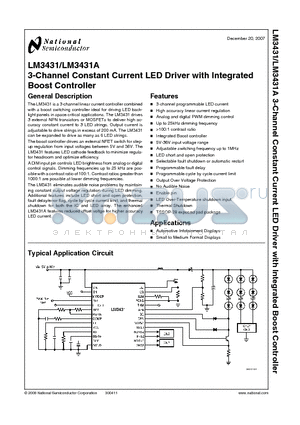 LM3431 datasheet - 3-Channel Constant Current LED Driver with Integrated Boost Controller