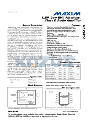 MAX9700 datasheet - 1.2W, Low-EMI, Filterless, Class D Audio Amplifier