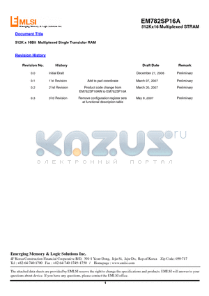 EM782SP16A-85S datasheet - 512K x 16Bit Multiplexed Single Transistor RAM