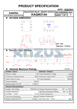 KAQW214A datasheet - PRODUCT SPECIFICATION