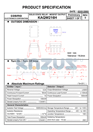 KAQW216H datasheet - SOLID STATE RELAY - MOSFET OUTPUT