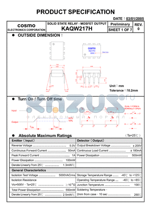 KAQW217H datasheet - SOLID STATE RELAY - MOSFET OUTPUT