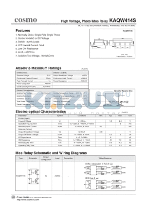 KAQW414 datasheet - High Voltage, Photo Mos Relay