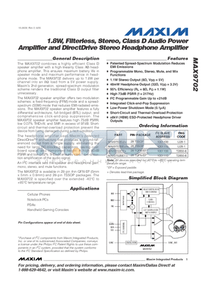 MAX9702ETI+ datasheet - 1.8W, Filterless, Stereo, Class D Audio Power Amplifier and DirectDrive Stereo Headphone Amplifier