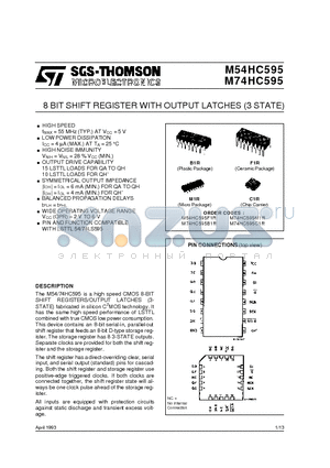 M54HC595F1R datasheet - 8 BIT SHIFT REGISTER WITH OUTPUT LATCHES 3 STATE