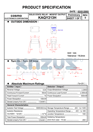 KAQY213H datasheet - SOLID STATE RELAY - MOSFET OUTPUT