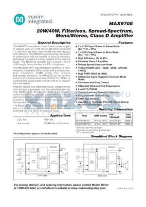 MAX9708ETN+ datasheet - 20W/40W, Filterless, Spread-Spectrum, Mono/Stereo, Class D Amplifier