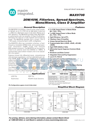 MAX9708ETN/V+ datasheet - 20W/40W, Filterless, Spread-Spectrum, Mono/Stereo, Class D Amplifier