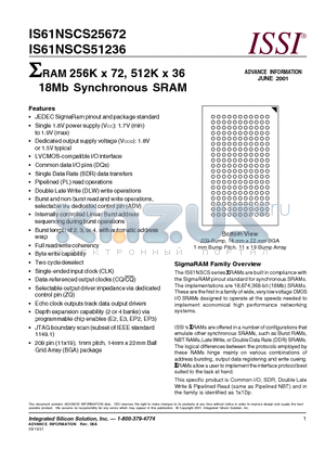 IS61NSCS25672 datasheet - RAM 256K x 72, 512K x 36 18Mb Synchronous SRAM