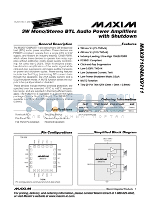 MAX9711ETC datasheet - 3W Mono/Stereo BTL Audio Power Amplifiers with Shutdown